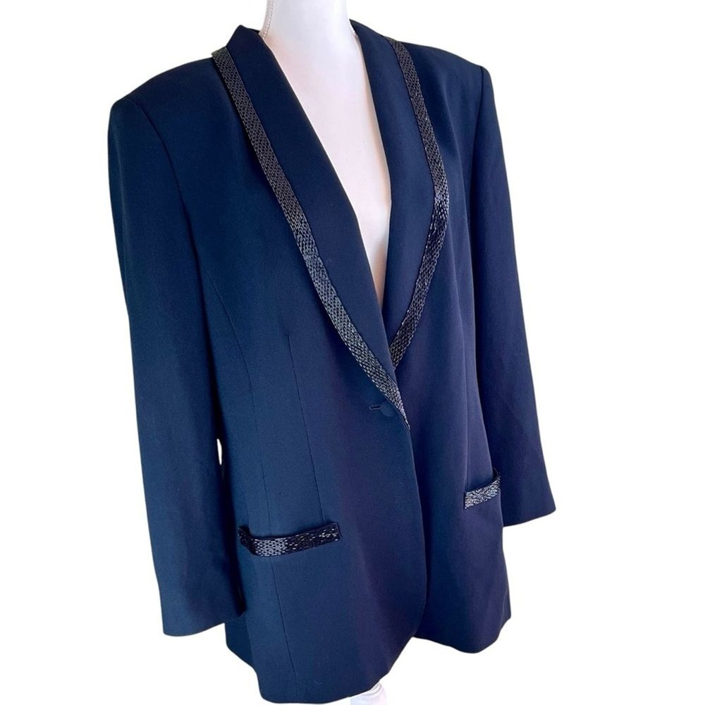 LIZ CLAIBORNE Tuxedo Beaded Blazer 16 Black Evening Formal Cruise Chic Holiday